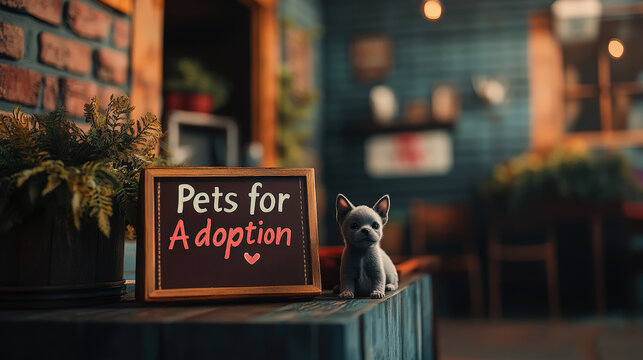 Chihuahua Puppy Pets for Adoption. An adorable Chihuahua puppy sits near a sign that advertises pets for adoption, appealing to animal lovers.