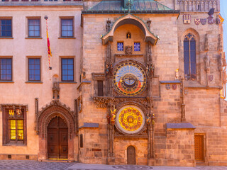 Medieval Astronomical Clock on Old Town Hall at dawn in Prague Czech Republic