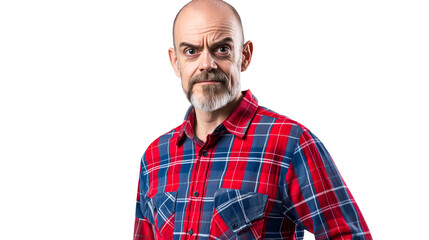 Fototapeta premium Stern looking balding man with goatee in plaid shirt, cut out transparent
