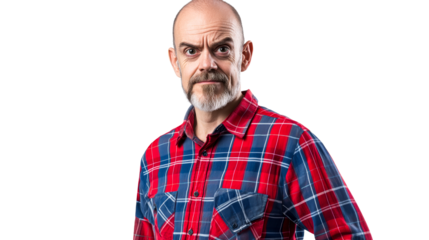 Stern looking balding man with goatee in plaid shirt, cut out transparent