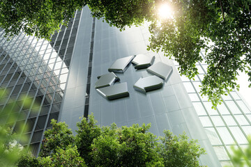 Eco-Friendly Corporate Building with Recycle Symbol