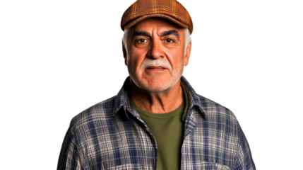 Gray haired man in cap, plaid shirt portrait, cut out transparent