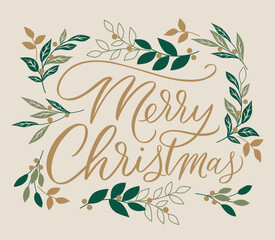 Merry Christmas With Leaves Pattern For Greetings Card And Poster