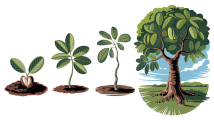A series of four stages depicts the growth of a plant, from a small seedling breaking through the soil to a fully mature tree with a lush canopy.
