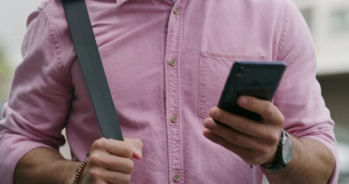 Phone, search and hands of man in city for ehailing service, taxi cab app and communication. Location, networking and rider request with person and mobile for transport tracking, travel and walking