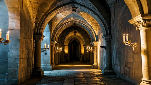 Historic stone corridor with arched ceiling and medieval candle lighting inside ancient architectural structure