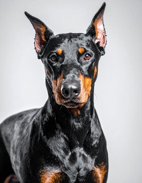 beautiful detailed close up image of a doberman pincher dog looking at camera