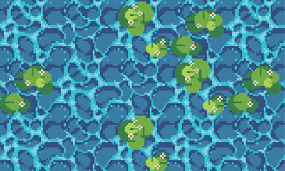 Water waves pixel art backdrop, background.  Sea or ocean surface  seamless pattern textures 8 bit platform tiles. Game development, mobile app template. Texture grid vector illustration. 