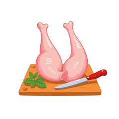 Raw chicken legs on wooden board with knife and basil. Fresh chicken meat ready for cooking.  Chicken legs preparation for delicious recipe. This image is perfect for cookbook, food blog,