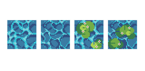 Water waves pixel art square blocks.  Sea or ocean surface  seamless pattern textures 8 bit platform tiles. Game development, mobile app template. Texture grid vector illustration.