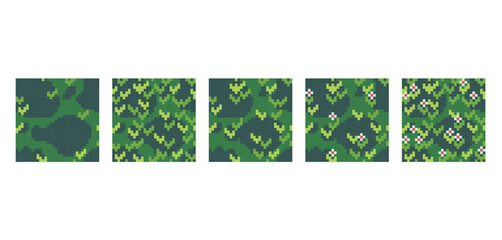  Grass, leaves and flowers pixel art square blocks. Meadow, garden seamless pattern textures 8 bit platform tiles. Game development, mobile app template. Texture grid vector illustration.