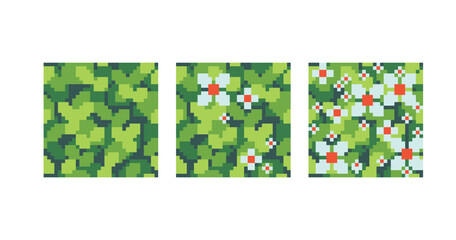  Grass, leaves and flowers pixel art square blocks. Meadow, garden seamless pattern textures 8 bit platform tiles. Game development, mobile app template. Texture grid vector illustration.