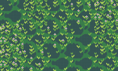 Meadow sunny pixel art backdrop. Grass, leaves and flowers seamless pattern background texture 8 bit platform tiles. Game development, mobile app template. Texture grid vector illustration.