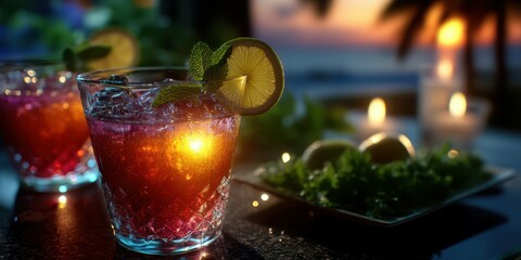 Enjoying refreshing cocktails at sunset by the beach with candles and mint garnish on a summer evening