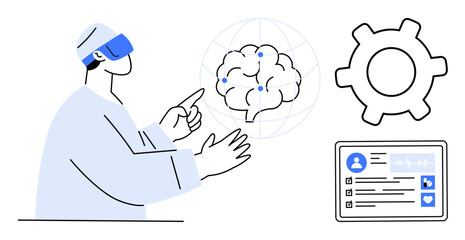 Doctor wearing AR headset interacting with brain hologram, gear icon, and medical record. Ideal for AI in healthcare, innovation, digital transformation, virtual reality, telemedicine, medical
