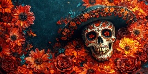 Colorful sugar skull adorned with flowers representing the Day of the Dead celebration in a vibrant display