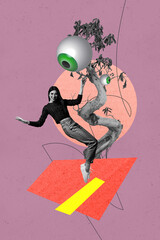 Vertical retro 3d magazine collage image of happy girl guy stand plant eyeball stare third esoteric...