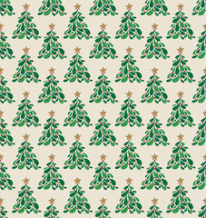 Seamless Christmas Tree With Star Pattern For Gift Wrap Paper And Fabric Print