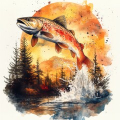 Brown trout leaps out of the water against a dramatic sunset over a serene lake surrounded by forest
