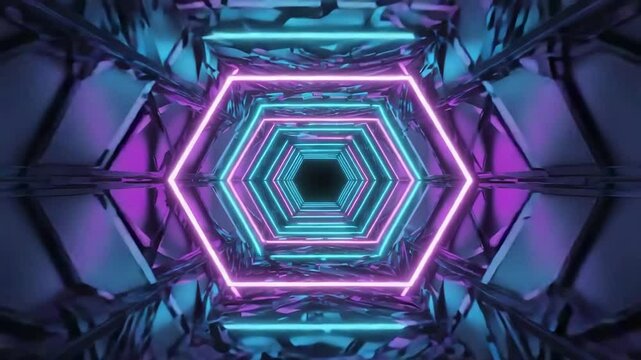 neon pink hexagon tunnel with glowing lights spinning forward, perfect for modern digital background or sci-fi themed animations