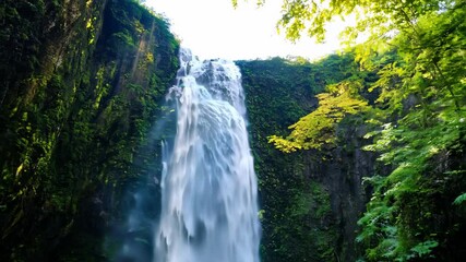 Explore a stunning waterfall cascading down rocky cliffs, surrounded by vibrant foliage. The serene atmosphere invites adventure amidst tropical beauty.