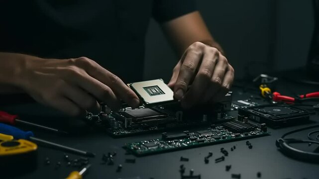 Close-up of hands assembling a computer motherboard with a CPU, tools scattered on a dark workspace