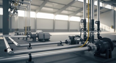 Industrial pipes with pressure gauges and pumps inside modern factory or warehouse. Equipment for purification system or production line.