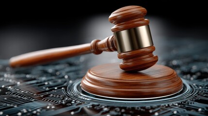 Wooden gavel on circuit board background