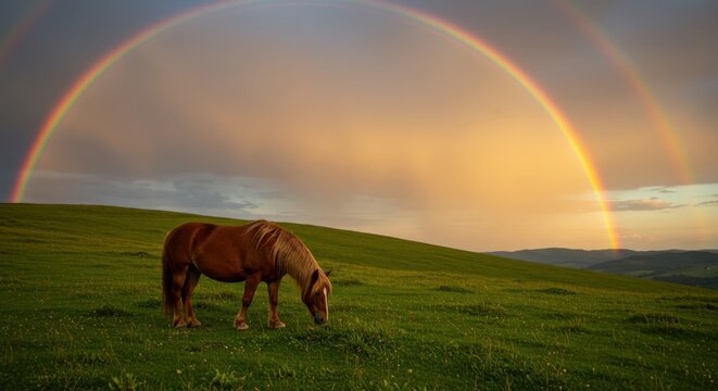 Horse grazing on green pasture under a double rainbow at sunset  