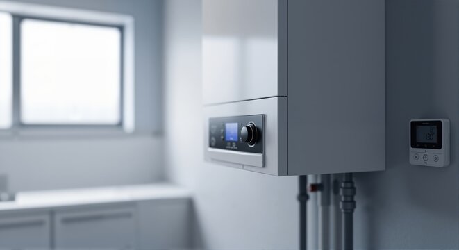 Modern gas boiler for heating and hot water installation. Heating system with digital display. House appliance concept for comfort indoor.