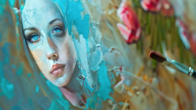 Sensitive hand of a robot with artificial intelligence, painting with delicacy a picture with paint of a portrait of a human woman. The future of the generative art images