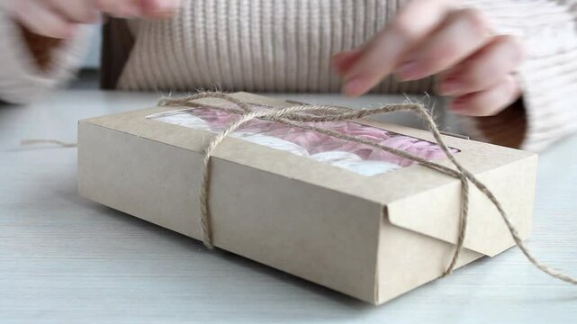 Woman untying twine from kraft paper box with marshmallows inside, close up of hands in cozy beige sweater, selective focus. Сoncept of sweet gifts, handmade treats, small business.