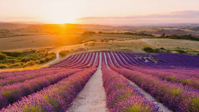 peaceful lavender field in golden sunset light, flowers waving gently in wind, calm and beautiful rural scene for nature or relaxation backgrounds