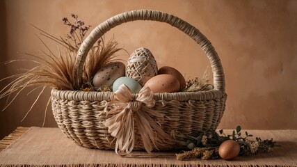Boho Easter Basket with Earth-Toned Eggs and Dried Flowers on Macrame Runner

