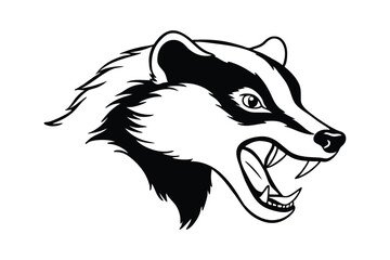 A black and white art illustration of a growling badger baring teeth.eps