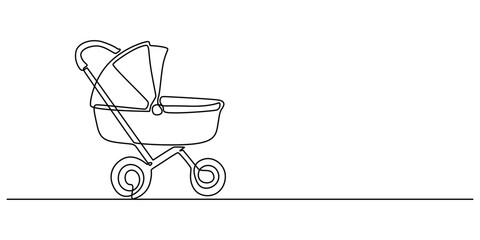 One Continuous Line Drawing of Baby Stroller Icon. Single Line Vector Illustration, Continuous One Line Drawing of a Baby Carriage - Minimalist Nursery Art Vector Illustration, Modern baby stroller.