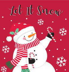 Christmas Snowmen With Snowflakes For Poster Card And Banner On Red Background