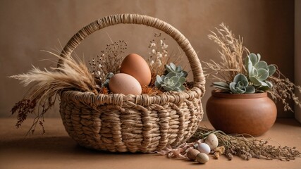 Boho Easter Basket with Earth-Toned Eggs and Dried Flowers on Macrame Runner

