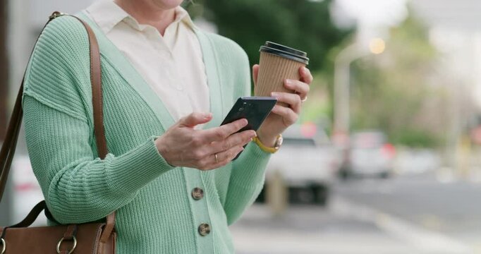 Phone, coffee and hands with woman in city for ehailing service, taxi cab app search and communication. Location, networking and rider request with person for transport tracking, travel and waiting