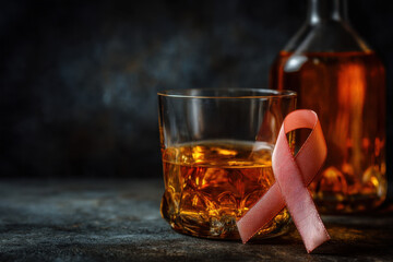 A glass filled with amber liquid sits on a dark surface next to a bottle of alcohol