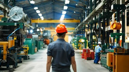 A focused industrial worker wearing a safety helmet surveys the bustling manufacturing facility, emphasizing workplace safety and team collaboration in production tasks.