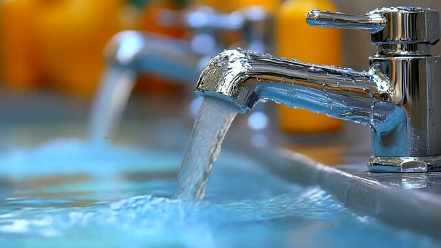 Water flowing from chrome faucets into a basin