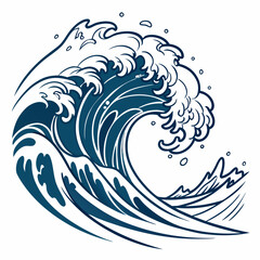 Fototapeta premium Stylized Blue Ocean Wave with White Foam and Dark Outlines on White
