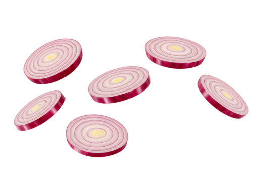 Freshly sliced red onion rings floating Isolated on transparent background for culinary designs