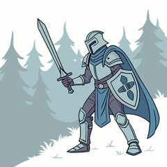Cartoon Knight with Sword and Shield in Forest Ready for Battle