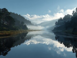 아침 안개가 감도는 숲속 강가의 몽환적인 풍경 AI 생성