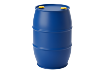 Isolated blue plastic barrel with yellow lid Isolated on transparent background for industrial use