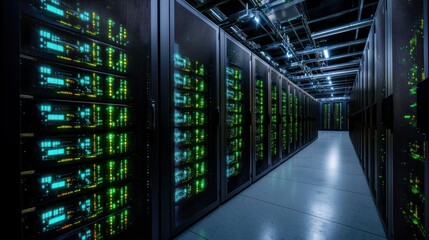 Data center server room aisle, network infrastructure, glowing lights, background pipes