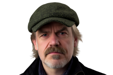Mature man portrait with green cap, neutral expression, cut out transparent