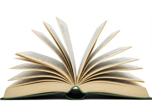 Open book with turning pages on a white background showing text and green cover